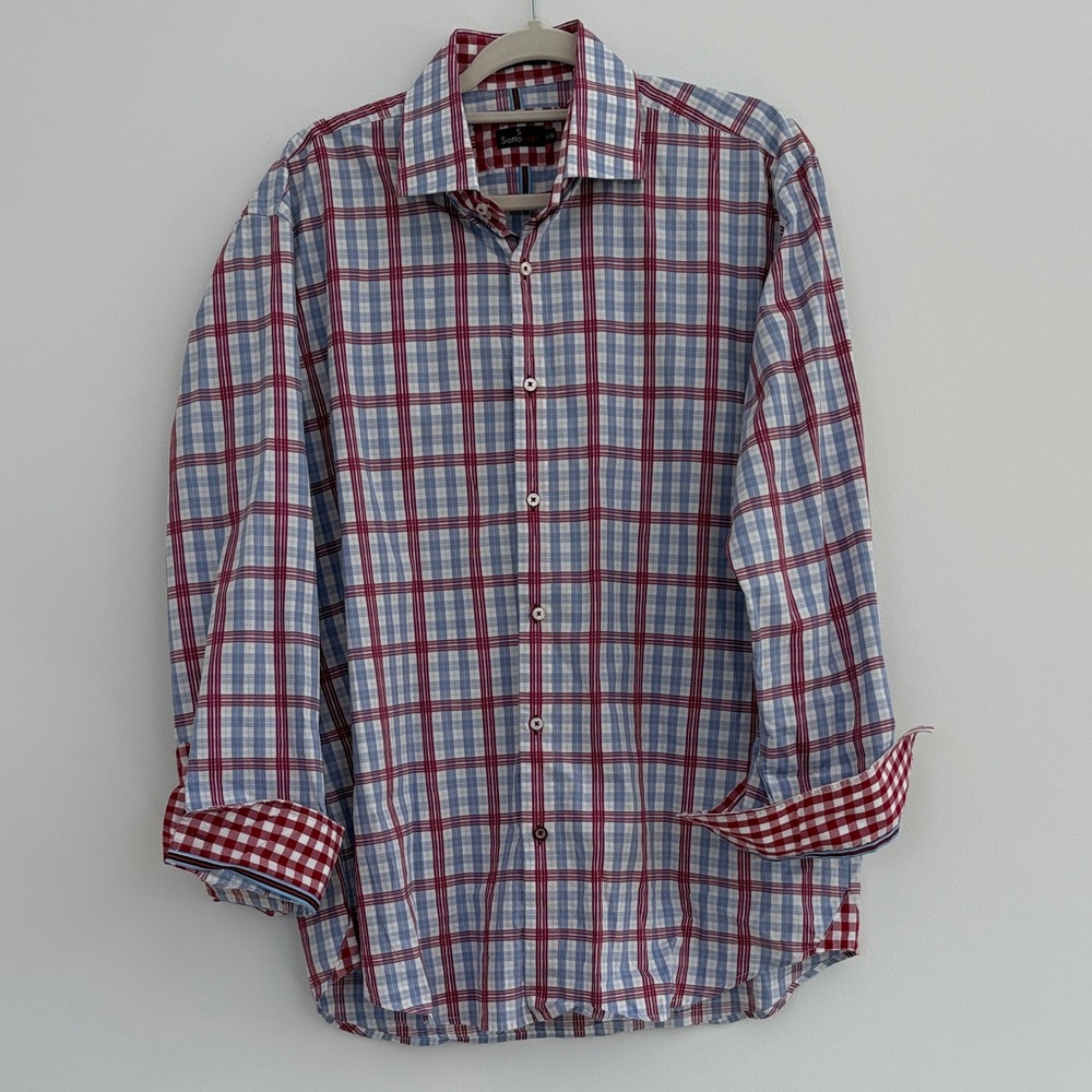 Men's Plaid Button-Down Shirt in Red & Light Blue